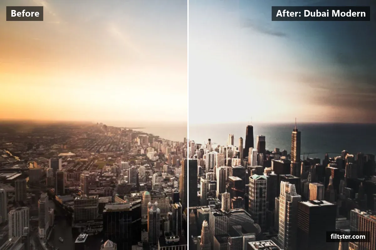 Dubai Modern filter before and after. Adds strong contrast, recovers bright highlights, lifts the blacks for a faded, matte finish, adds a blue cast to the shadows and sharpens mid-tone detail.