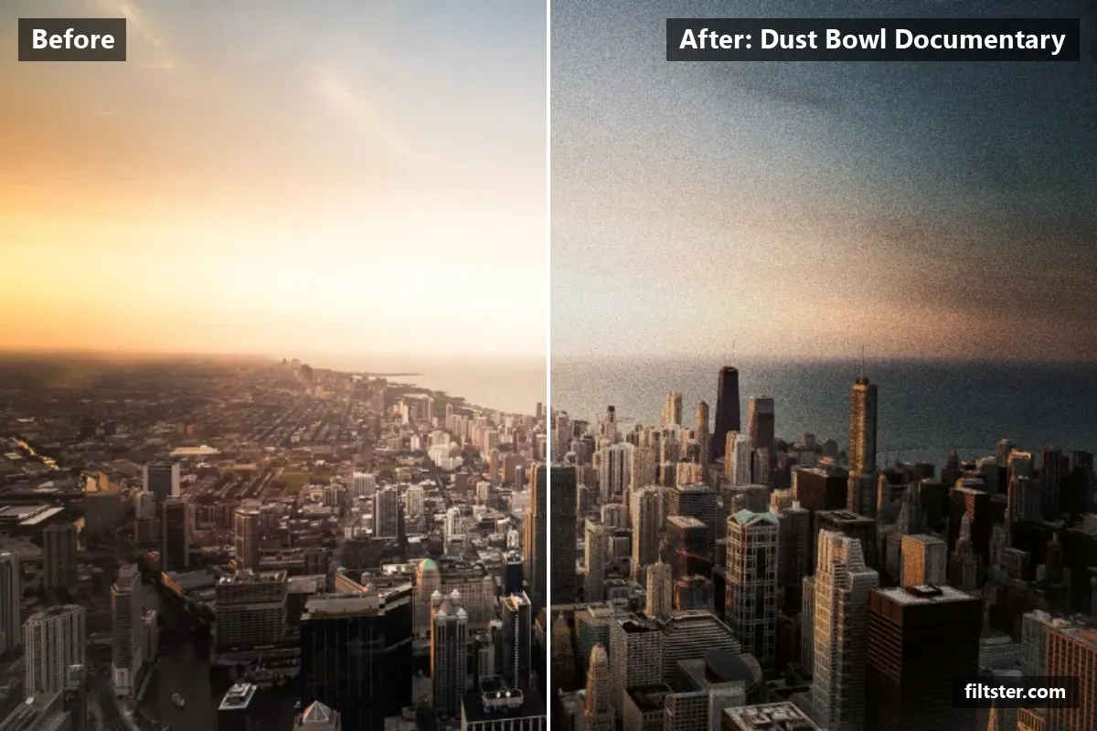Dust Bowl Documentary filter before and after. Recovers bright highlights, adds a orange cast to the shadows, cuts through haze, adds film grain and darkens the corners with a vignette.