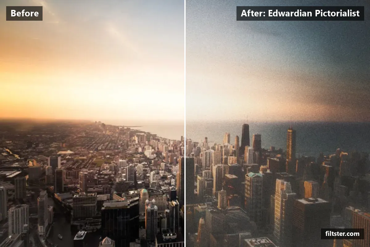 Edwardian Pictorialist filter before and after. Softens contrast, recovers bright highlights, gives a soft, dreamy glow, adds film grain and darkens the corners with a vignette.