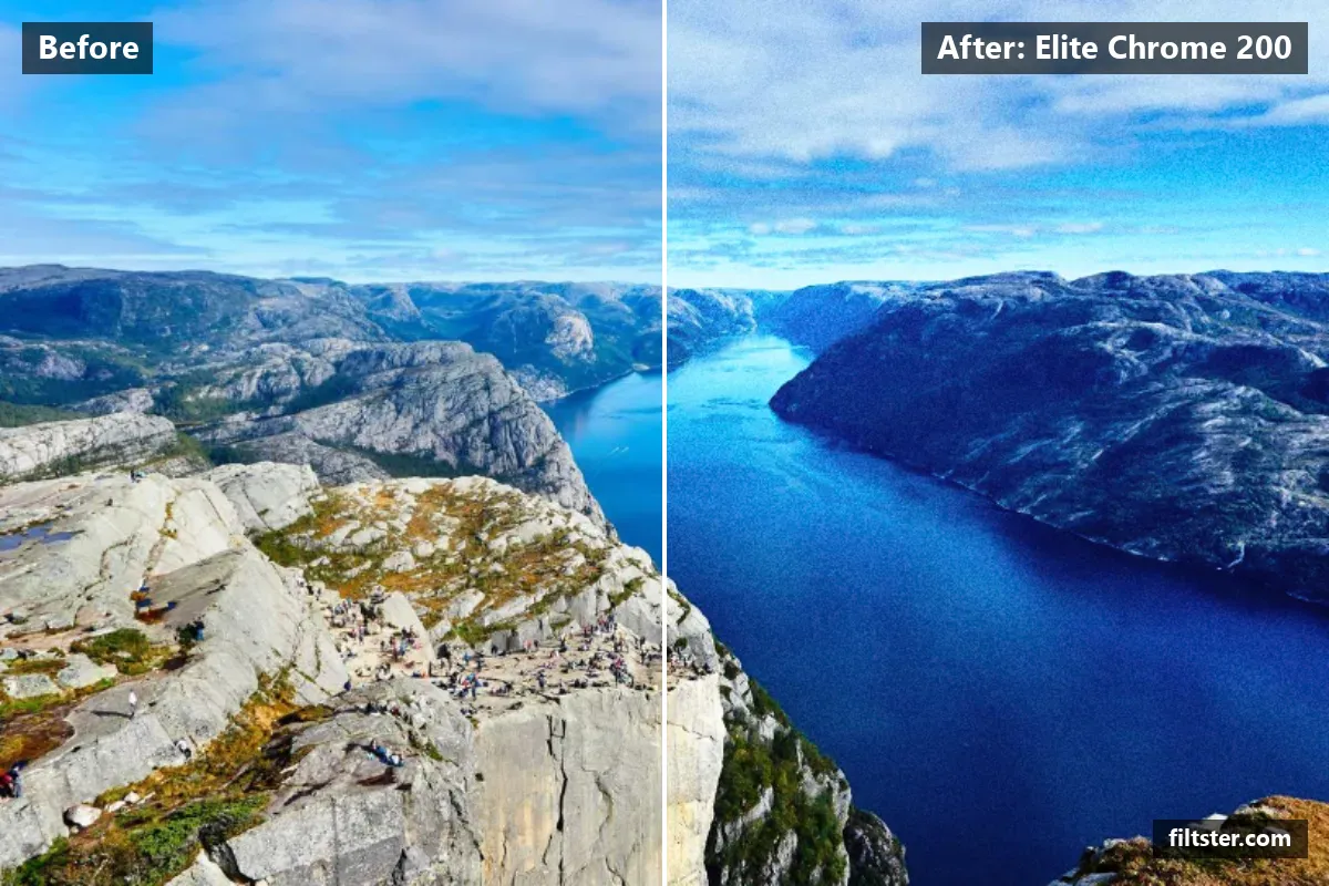 Elite Chrome 200 filter before and after. Adds strong contrast and adds film grain.