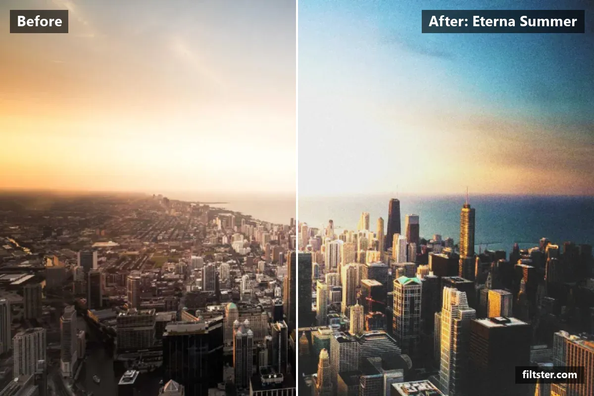 Eterna Summer filter before and after. Lifts the blacks for a faded, matte finish, cools the colours down, makes colours more vivid, adds a golden glow to the highlights and adds film grain.