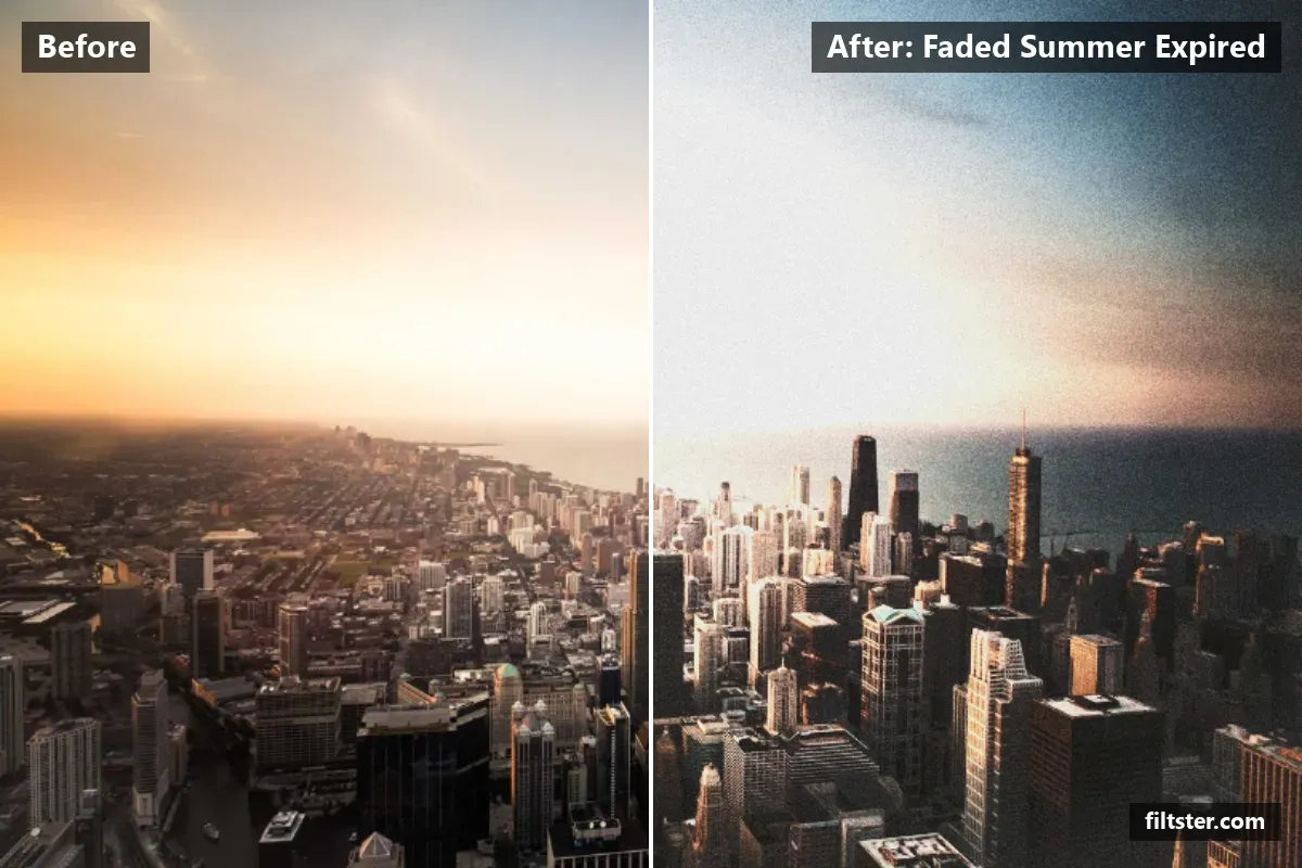 Faded Summer Expired filter before and after. Brightens the whole frame, softens contrast, opens up the shadows, recovers bright highlights, lifts the blacks for a faded, matte finish, adds a golden cast to the shadows and adds film grain.