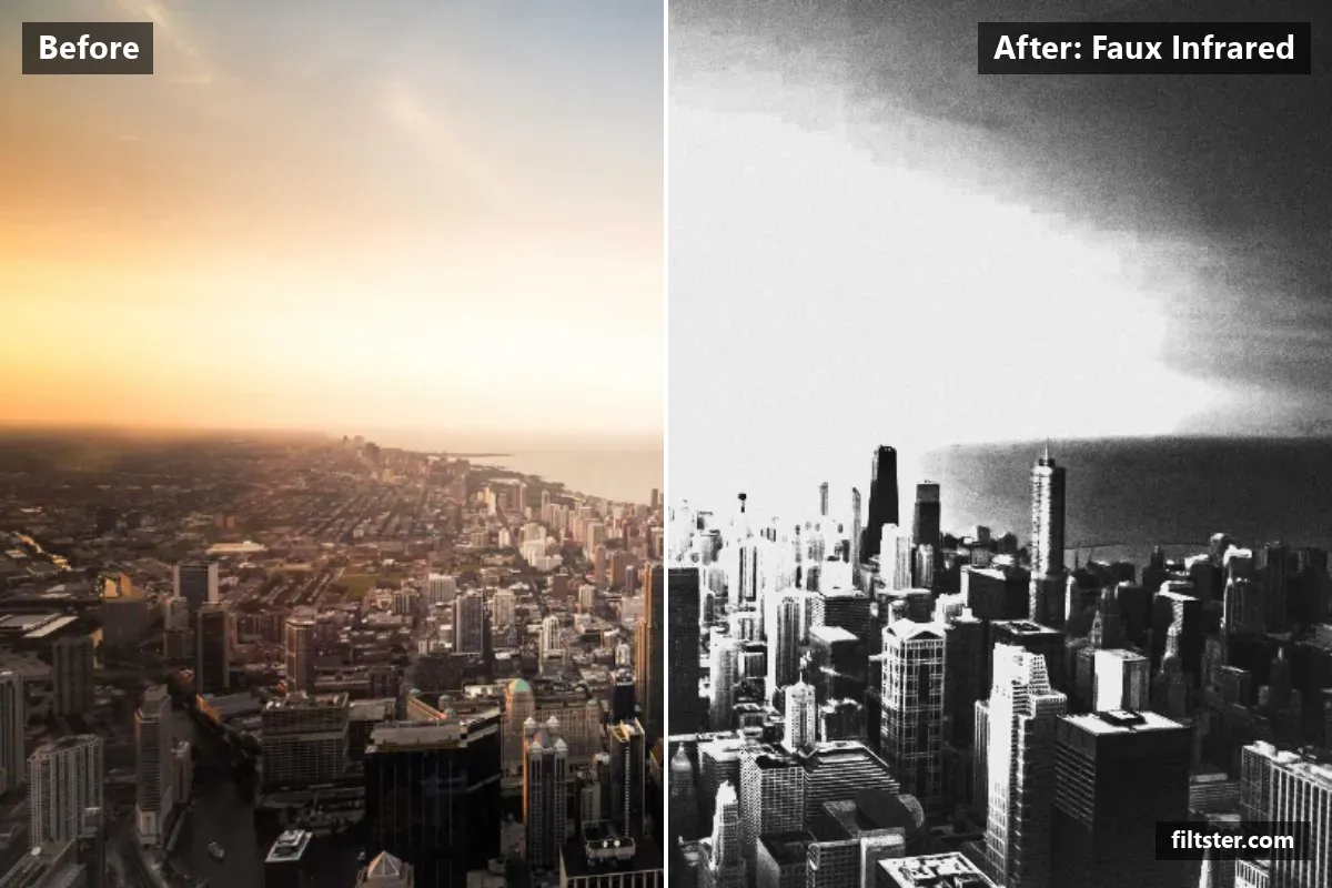 Faux Infrared filter before and after. Turns the picture black and white, brightens the whole frame, adds strong contrast, opens up the shadows, recovers bright highlights, sharpens mid-tone detail, cuts through haze and adds film grain.