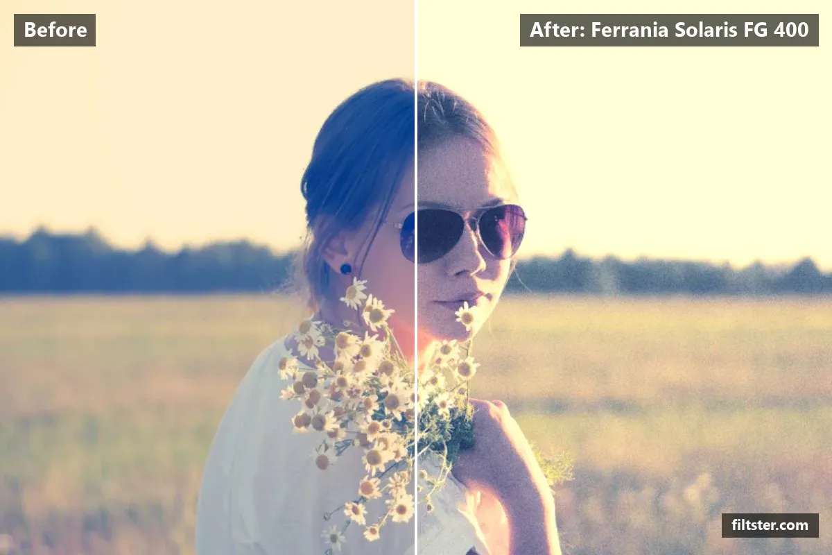 Ferrania Solaris FG 400 filter before and after. Adds film grain.