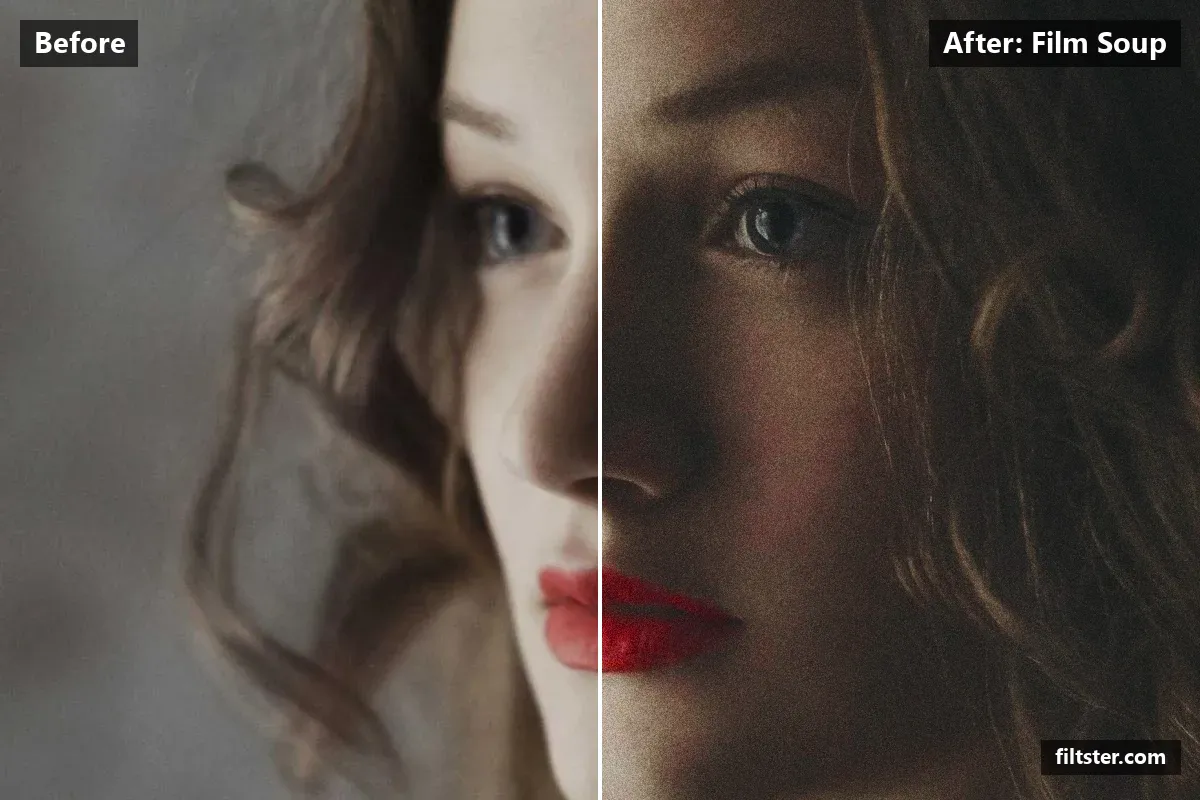 Film Soup filter before and after. Opens up the shadows, recovers bright highlights, lifts the blacks for a faded, matte finish, tints shadows teal and highlights magenta, adds film grain and darkens the corners with a vignette.