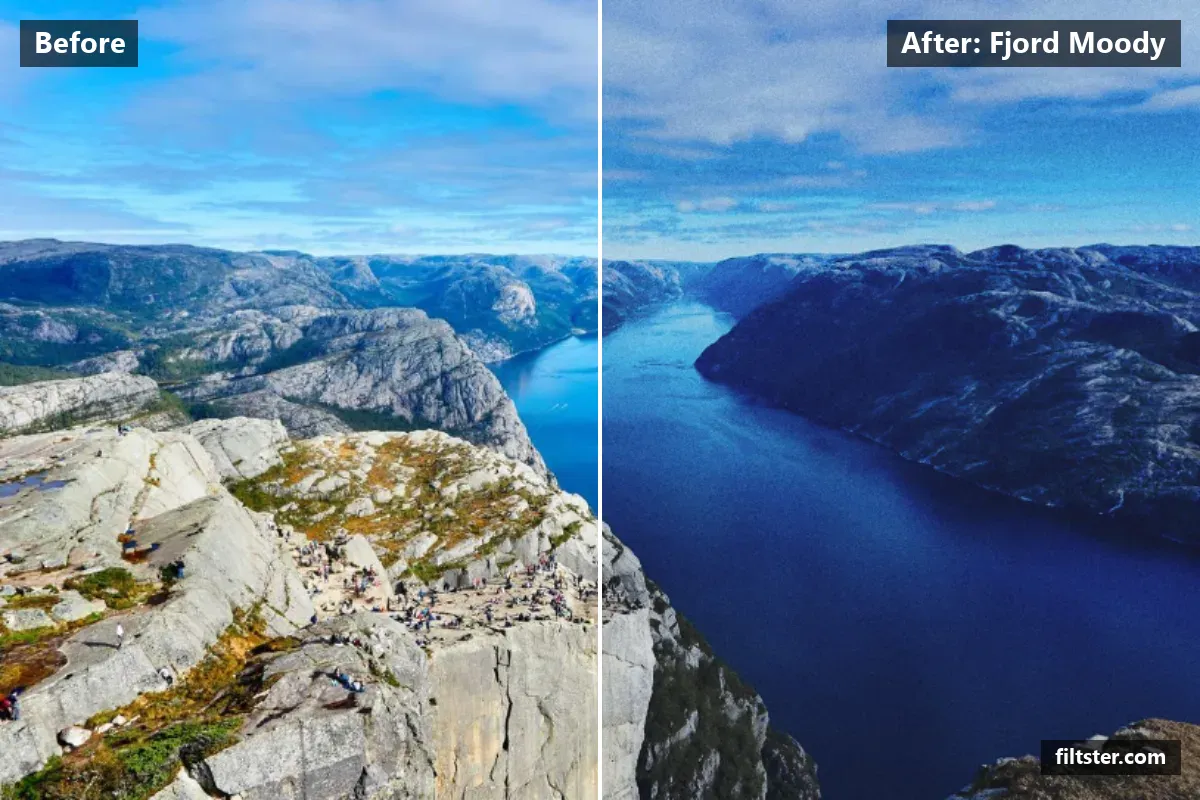 Fjord Moody filter before and after. Darkens the exposure for a moodier feel, adds strong contrast, opens up the shadows, recovers bright highlights, lifts the blacks for a faded, matte finish, cools the colours down, mutes the colours, adds a blue cast to the shadows and adds film grain.