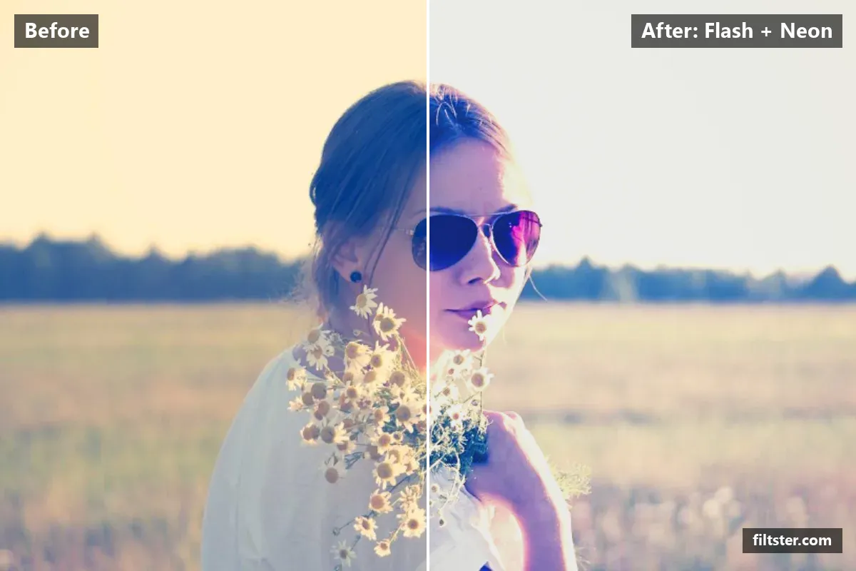Flash + Neon filter before and after. Adds strong contrast, opens up the shadows, recovers bright highlights, lifts the blacks for a faded, matte finish, tints shadows indigo and highlights magenta and sharpens mid-tone detail.