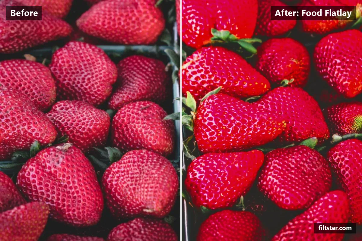 Food Flatlay filter before and after. Brightens the whole frame, opens up the shadows, lifts the blacks for a faded, matte finish and warms up the colours.
