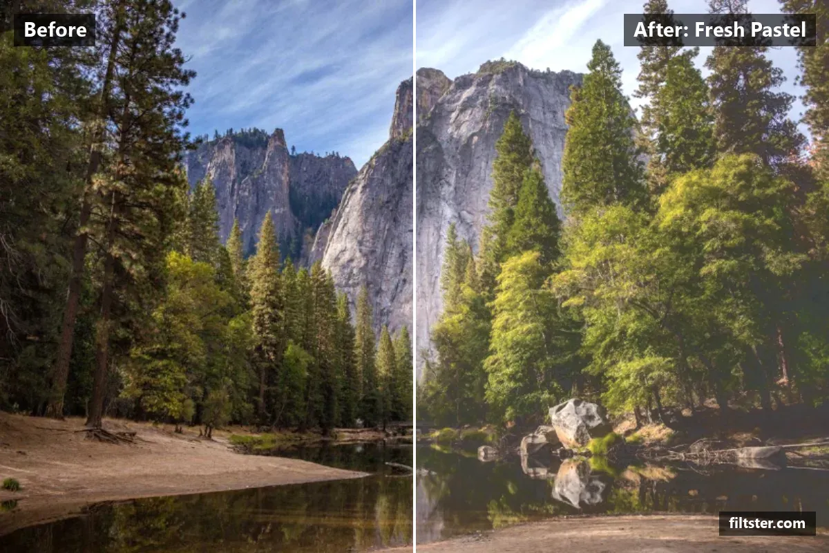 Fresh Pastel filter before and after. Brightens the whole frame, softens contrast, opens up the shadows, recovers bright highlights and gives a soft, dreamy glow.