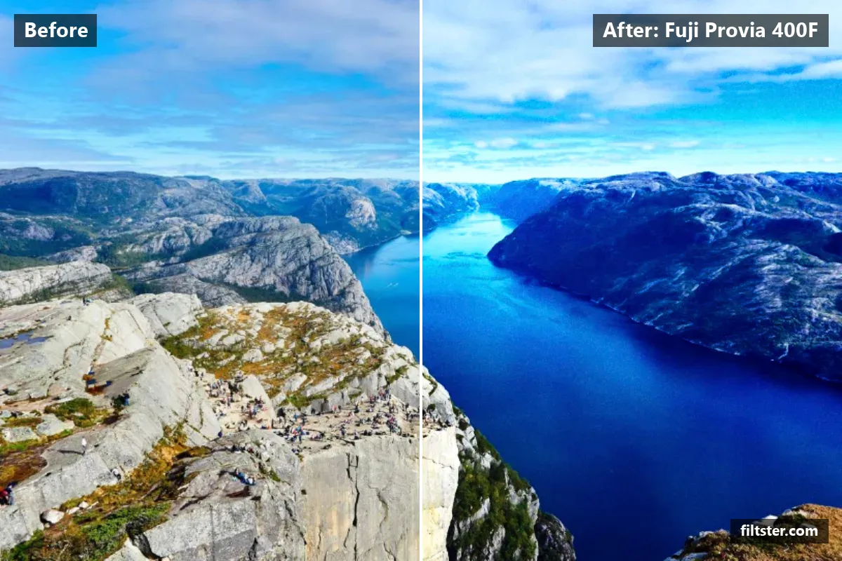 Fuji Provia 400F filter before and after. Adds strong contrast, recovers bright highlights and adds film grain.
