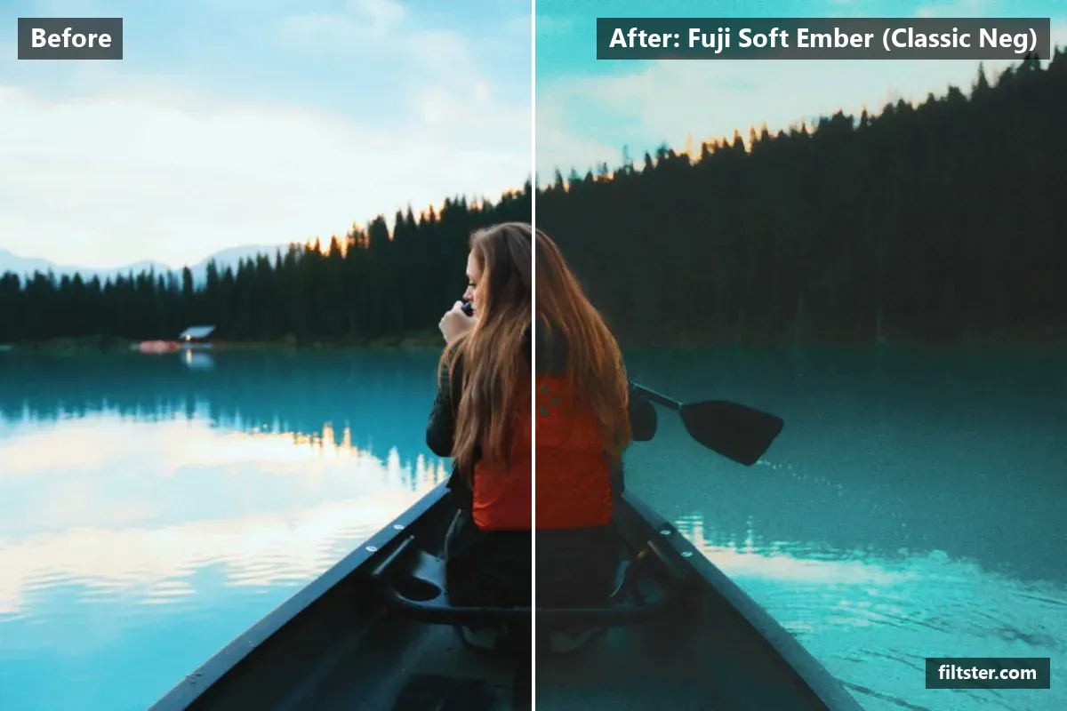 Fuji Soft Ember (Classic Neg) filter before and after. Softens contrast, opens up the shadows, recovers bright highlights, lifts the blacks for a faded, matte finish, makes colours more vivid, adds a golden glow to the highlights and adds film grain.