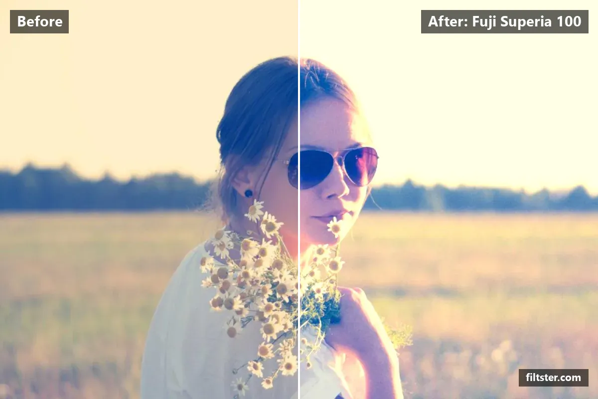 Fuji Superia 100 filter before and after. Brightens the whole frame and adds film grain.