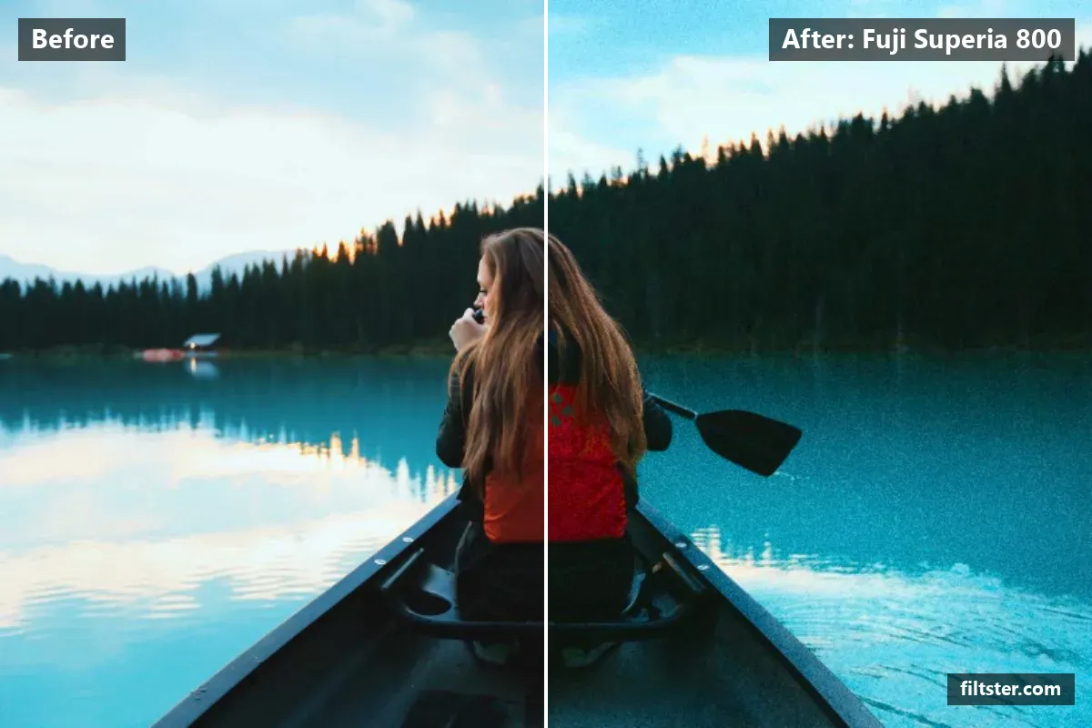 Fuji Superia 800 filter before and after. Adds a green cast to the shadows and adds film grain.
