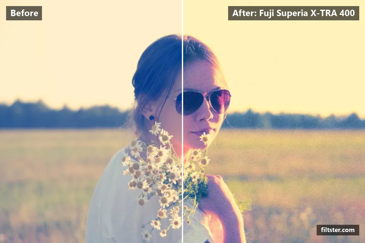 Fuji Superia X-TRA 400 filter before and after. Adds a green cast to the shadows and adds film grain.