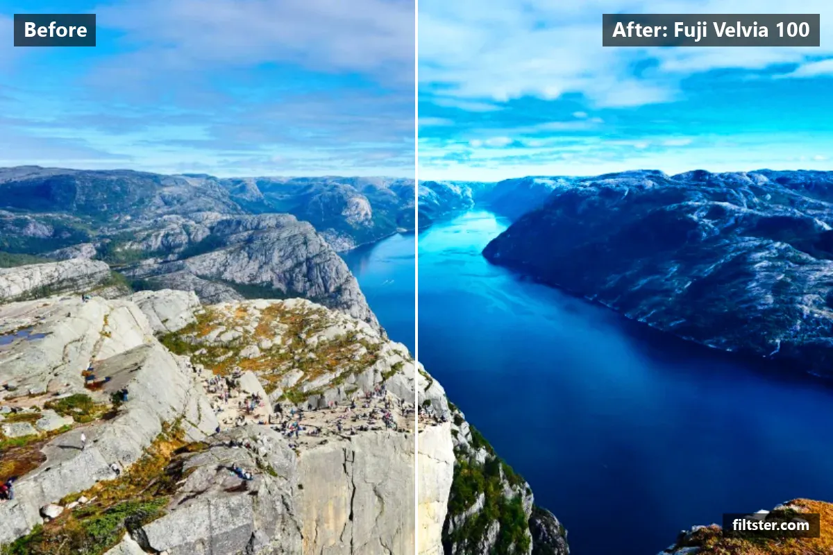 Fuji Velvia 100 filter before and after. Adds strong contrast and recovers bright highlights.