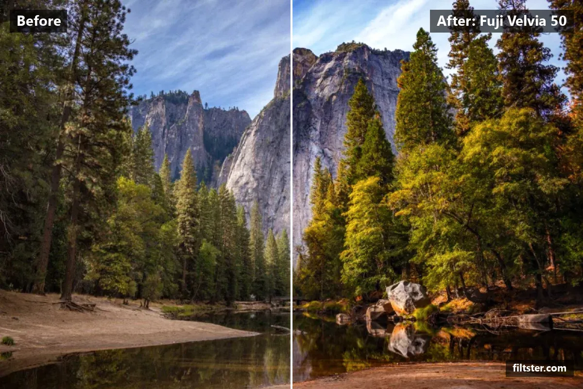 Fuji Velvia 50 filter before and after. Adds strong contrast and recovers bright highlights.