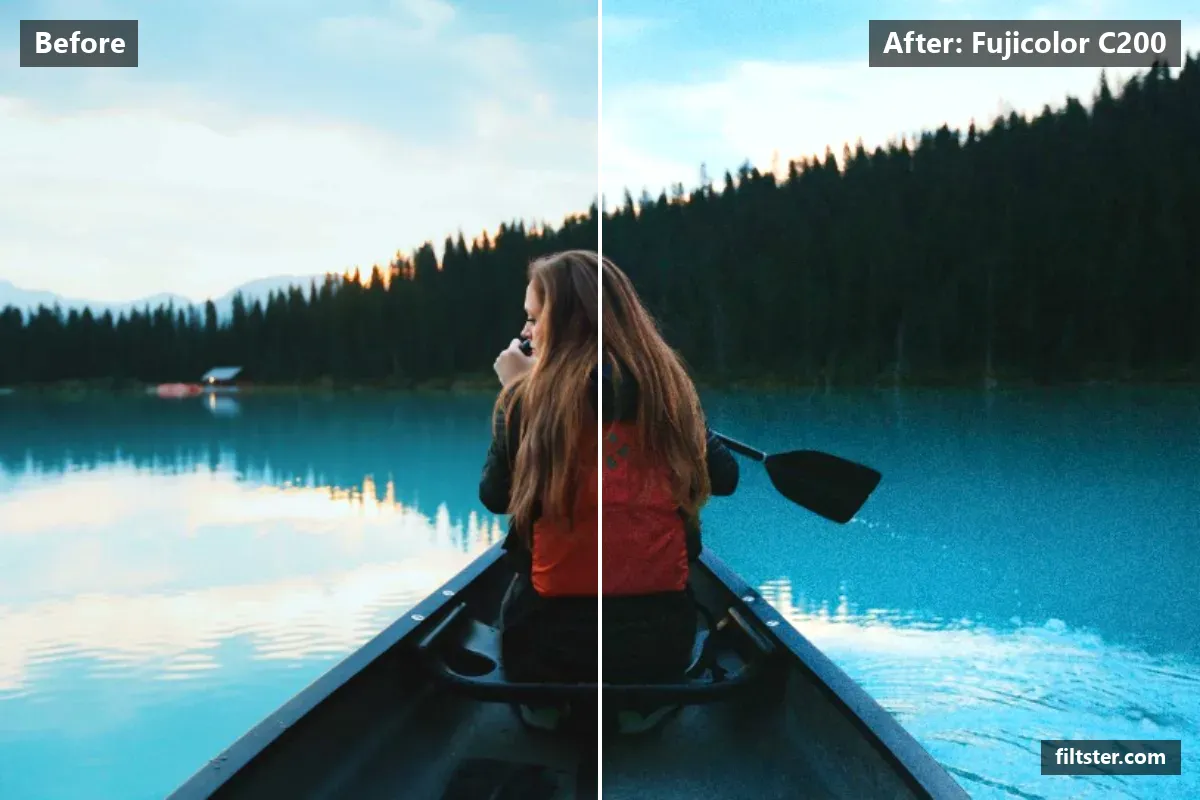 Fujicolor C200 filter before and after. Adds a teal cast to the shadows and adds film grain.