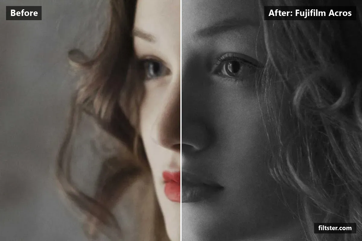 Fujifilm Acros filter before and after. Turns the picture black and white, opens up the shadows, recovers bright highlights and adds film grain.