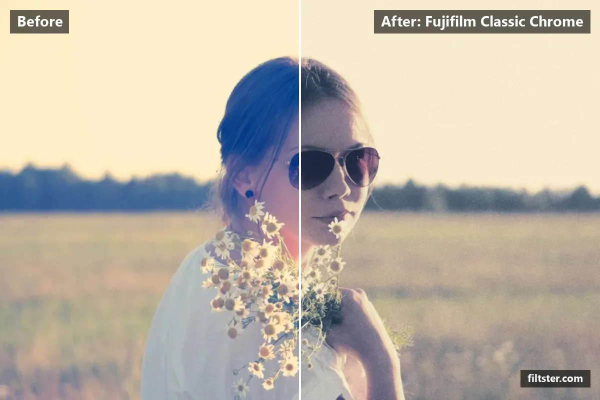 Fujifilm Classic Chrome filter before and after. Recovers bright highlights and adds film grain.
