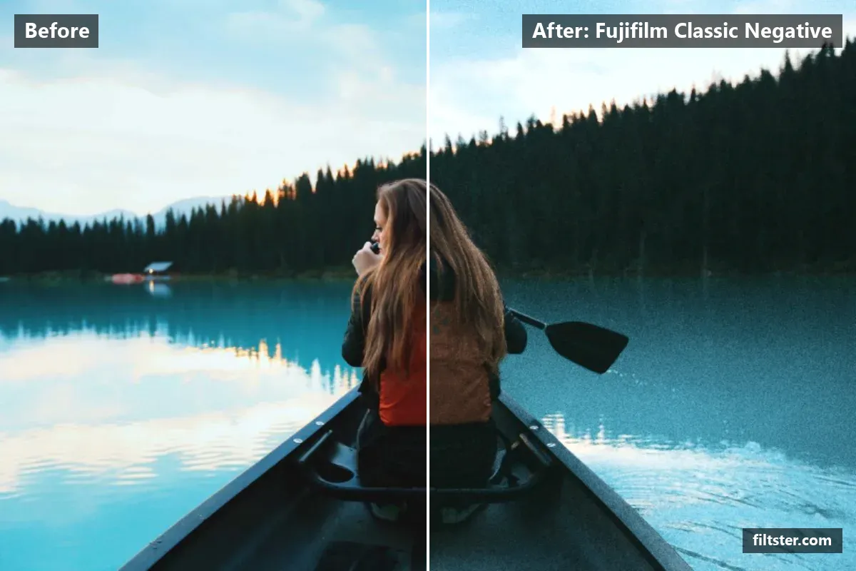 Fujifilm Classic Negative filter before and after. Recovers bright highlights, adds a teal cast to the shadows and adds film grain.