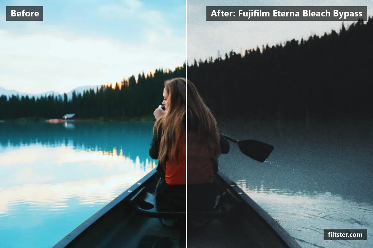 Fujifilm Eterna Bleach Bypass filter before and after. Darkens the exposure for a moodier feel, adds strong contrast, recovers bright highlights, lifts the blacks for a faded, matte finish, mutes the colours, adds a blue cast to the shadows and adds film grain.