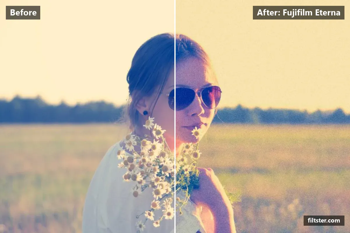 Fujifilm Eterna filter before and after. Makes colours more vivid and adds film grain.