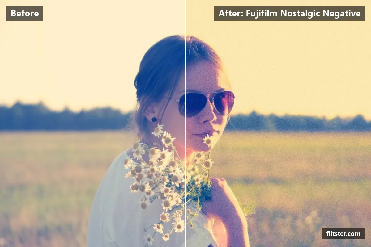 Fujifilm Nostalgic Negative filter before and after. Makes colours more vivid, adds a golden cast to the shadows and adds film grain.