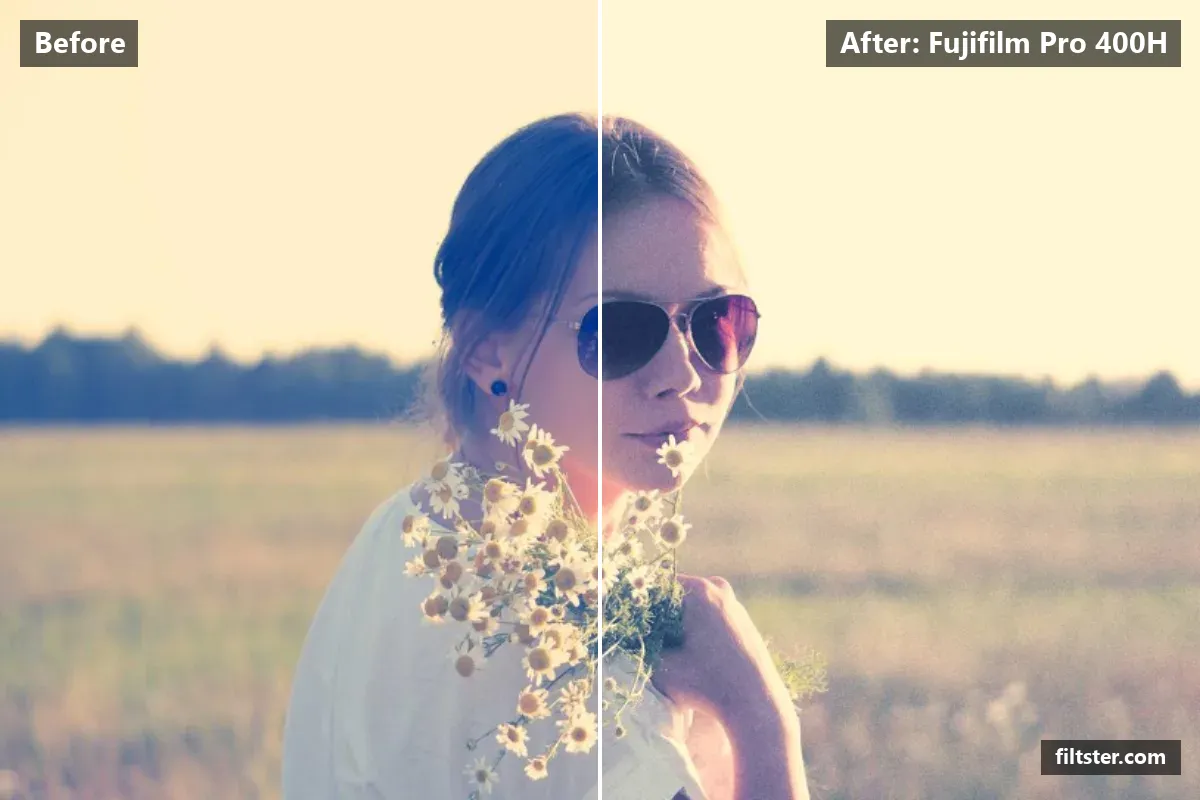 Fujifilm Pro 400H filter before and after. Brightens the whole frame, softens contrast, opens up the shadows, recovers bright highlights and adds film grain.