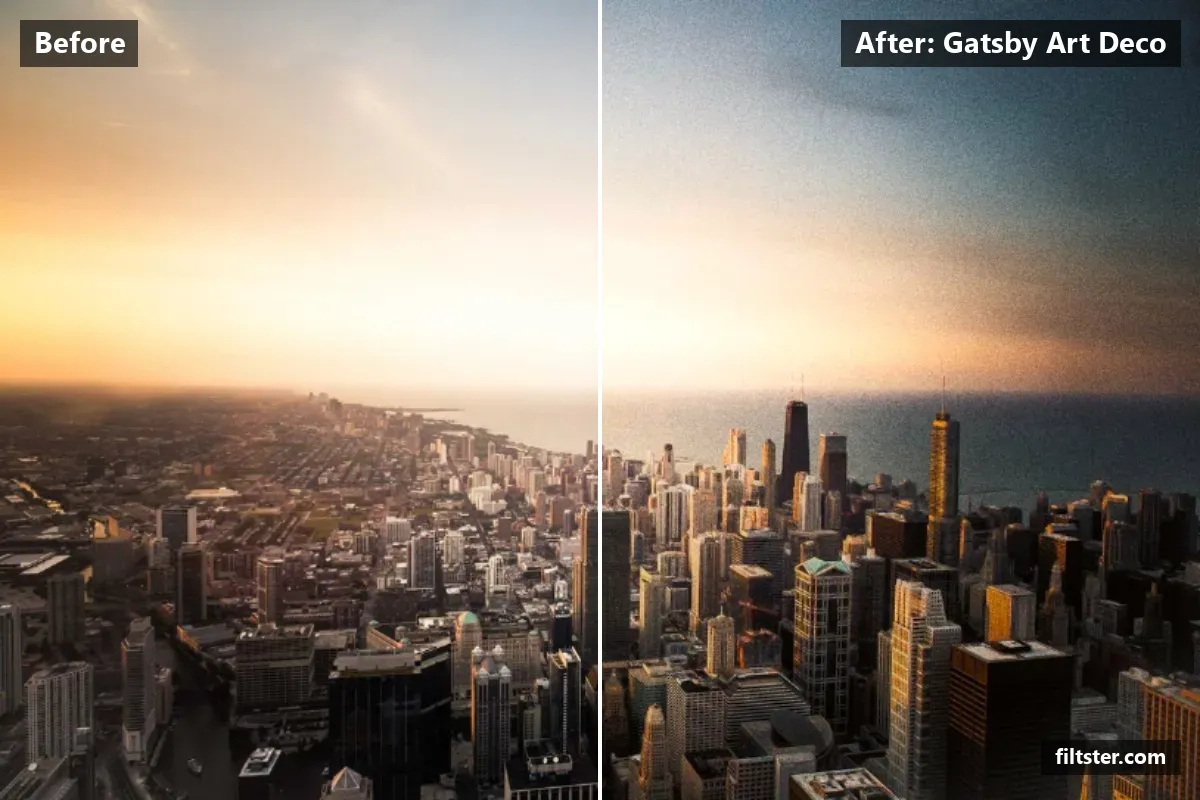 Gatsby Art Deco filter before and after. Adds strong contrast, recovers bright highlights, tints shadows orange and highlights golden, adds film grain and darkens the corners with a vignette.