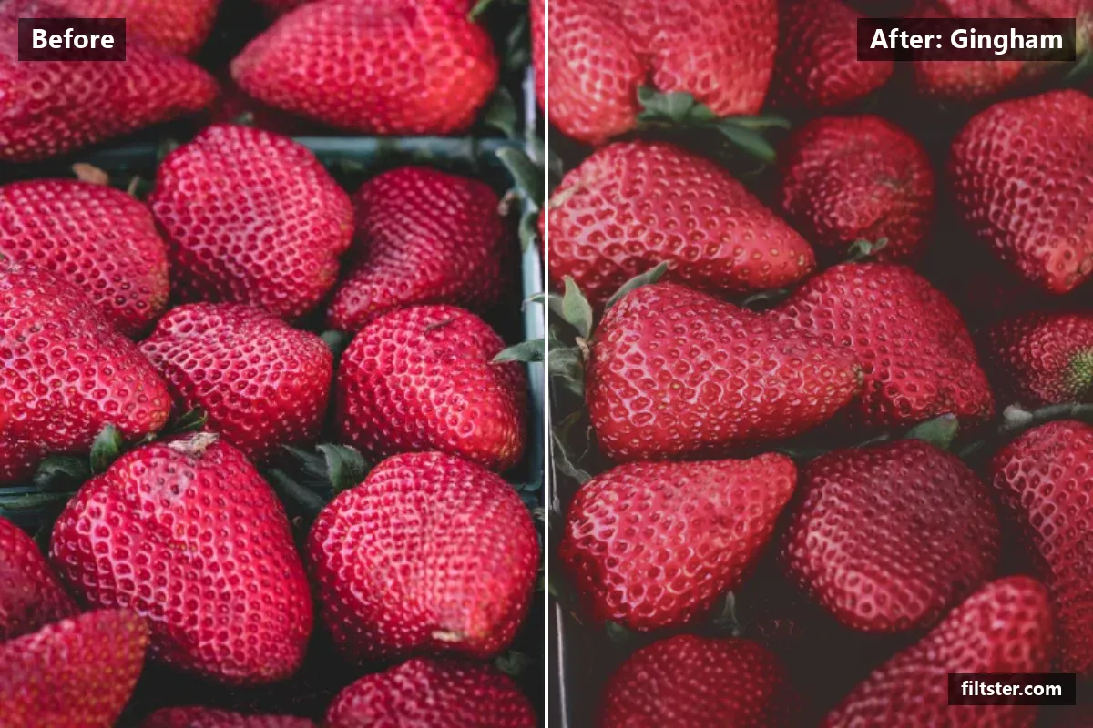 Gingham filter before and after. Softens contrast, opens up the shadows, recovers bright highlights and lifts the blacks for a faded, matte finish.