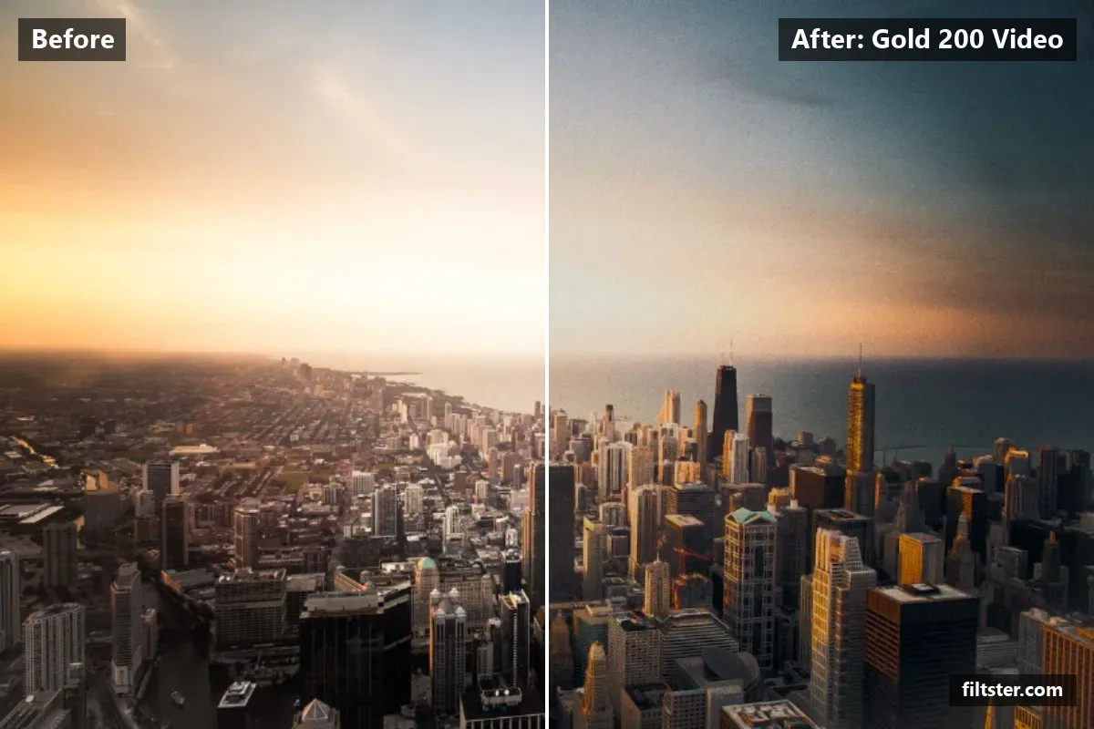 Gold 200 Video filter before and after. Softens contrast, recovers bright highlights, tints shadows blue and highlights golden and adds film grain.