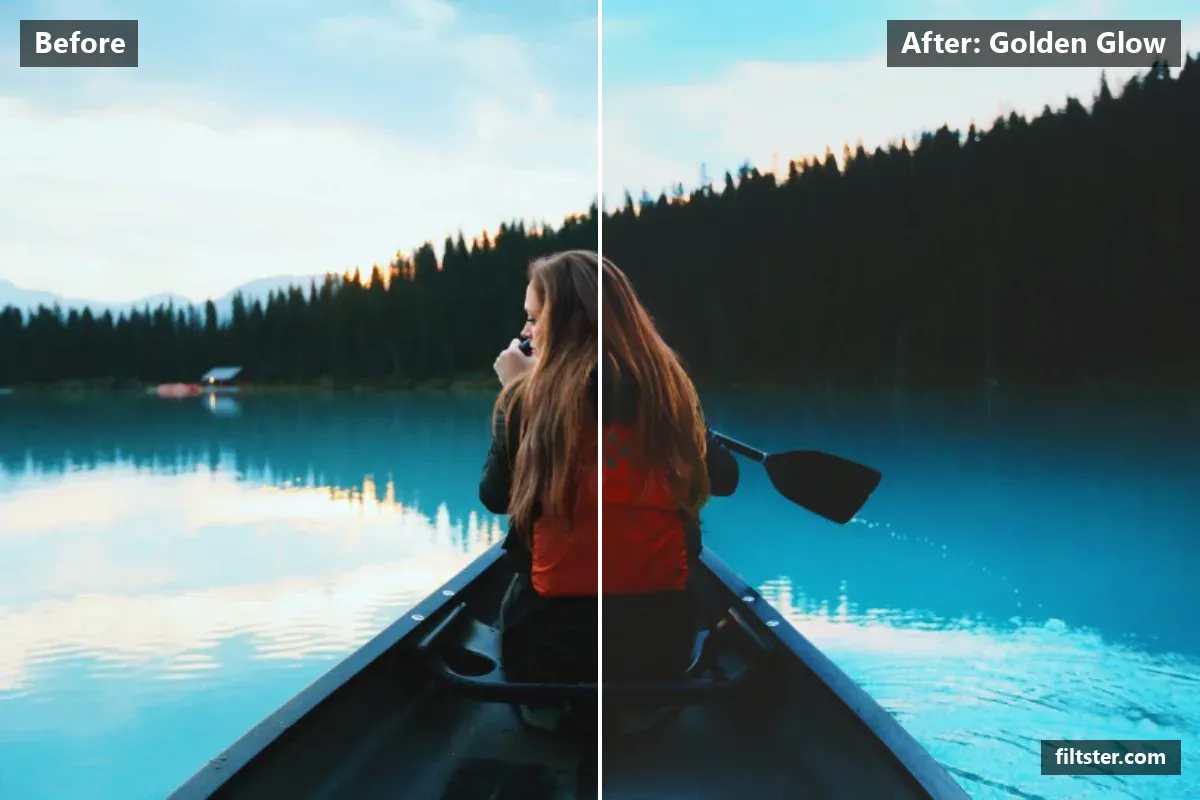 Golden Glow filter before and after. Lifts the blacks for a faded, matte finish and adds a golden glow to the highlights.