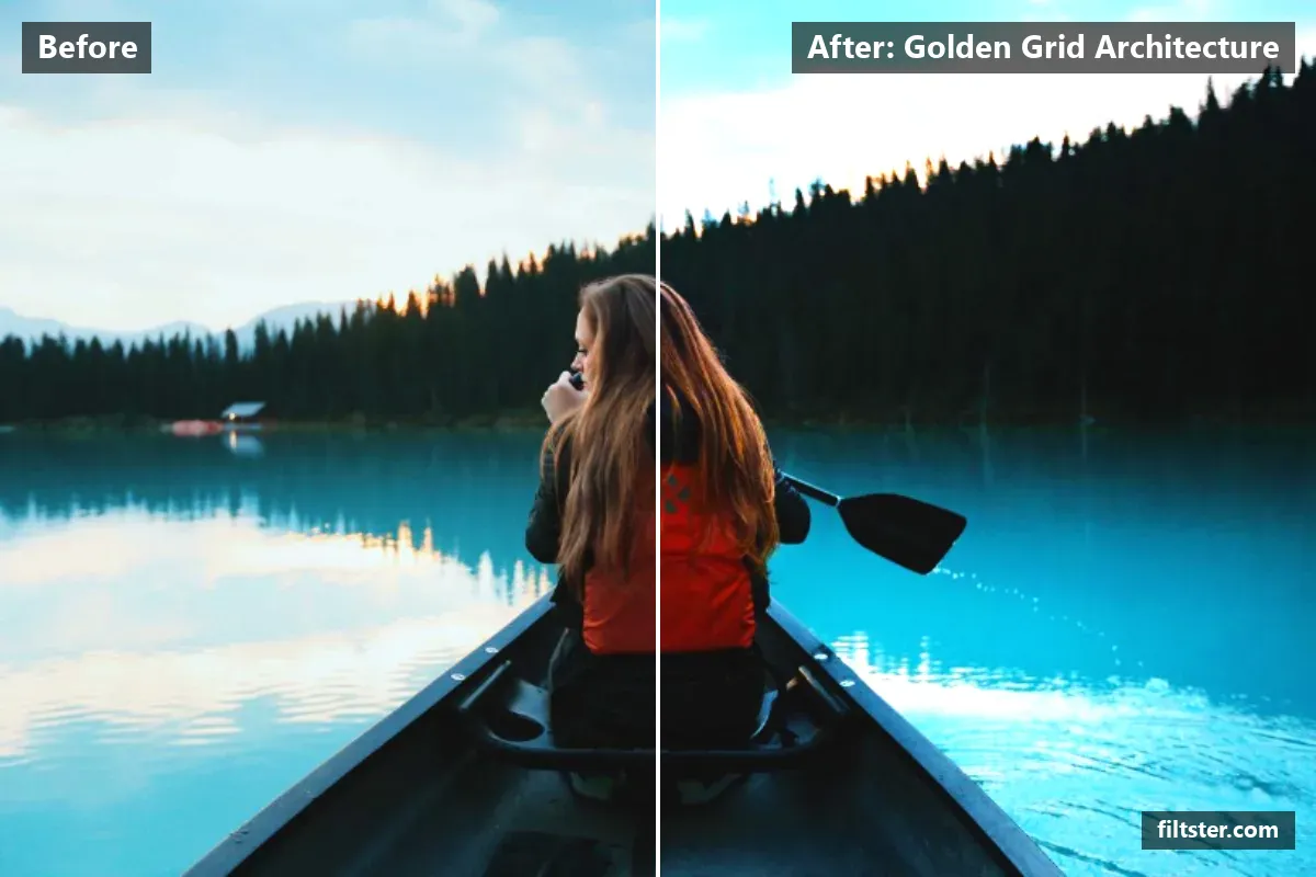 Golden Grid Architecture filter before and after. Brightens the whole frame, adds strong contrast, cuts through haze and darkens the corners with a vignette.
