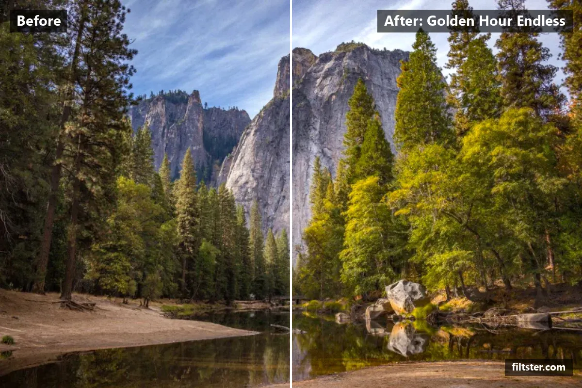 Golden Hour Endless filter before and after. Recovers bright highlights, adds a orange glow to the highlights and adds film grain.