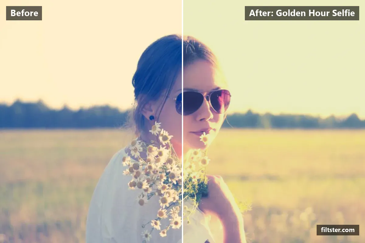 Golden Hour Selfie filter before and after. Opens up the shadows, recovers bright highlights, lifts the blacks for a faded, matte finish, warms up the colours and adds a golden glow to the highlights.