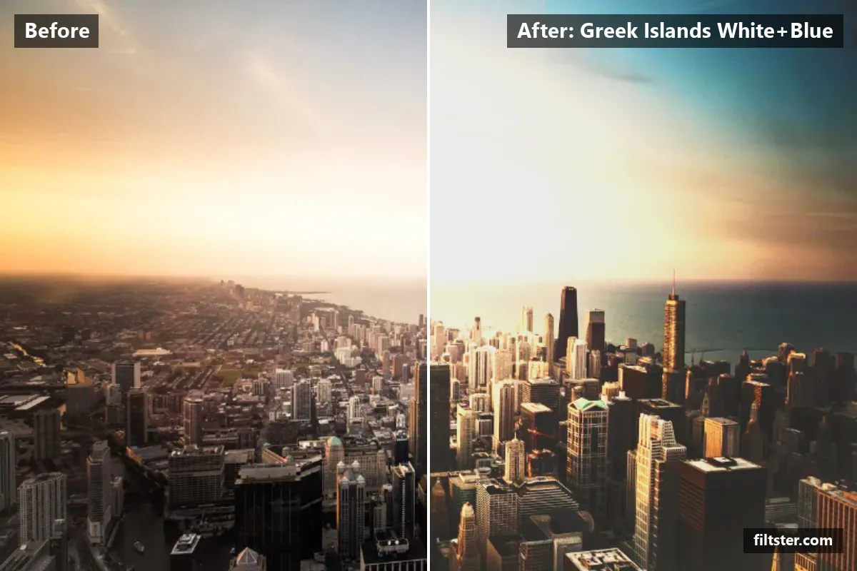 Greek Islands White+Blue filter before and after. Brightens the whole frame, opens up the shadows, recovers bright highlights, lifts the blacks for a faded, matte finish and warms up the colours.