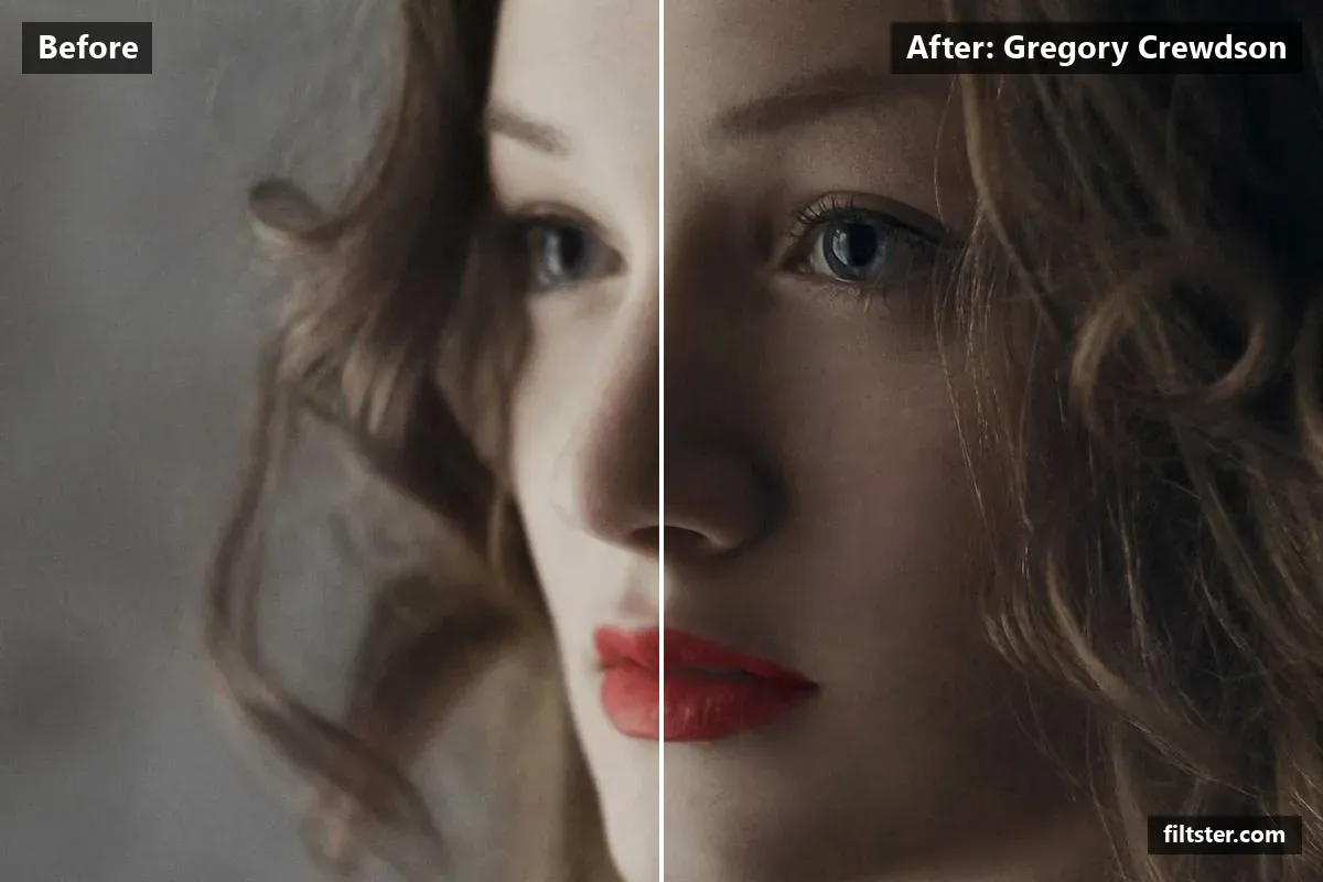 Gregory Crewdson filter before and after. Adds strong contrast, recovers bright highlights and adds a blue cast to the shadows.
