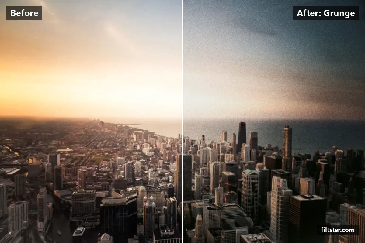 Grunge filter before and after. Darkens the exposure for a moodier feel, adds strong contrast, recovers bright highlights, adds a green cast to the shadows, cuts through haze, adds film grain and darkens the corners with a vignette.