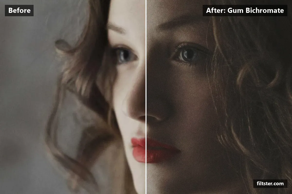 Gum Bichromate filter before and after. Opens up the shadows, recovers bright highlights, lifts the blacks for a faded, matte finish, mutes the colours, adds a golden cast to the shadows, adds film grain and darkens the corners with a vignette.