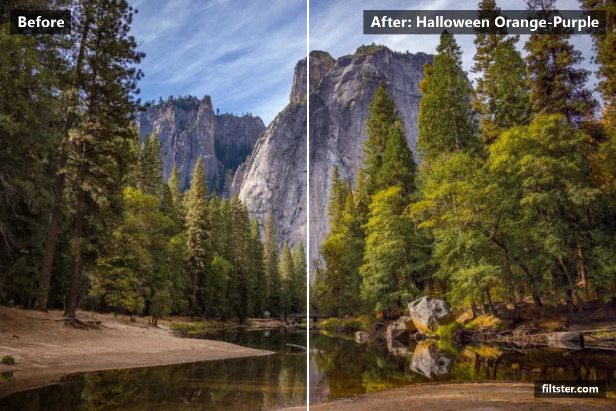 Halloween Orange-Purple filter before and after. Recovers bright highlights, tints shadows purple and highlights orange, adds film grain and darkens the corners with a vignette.