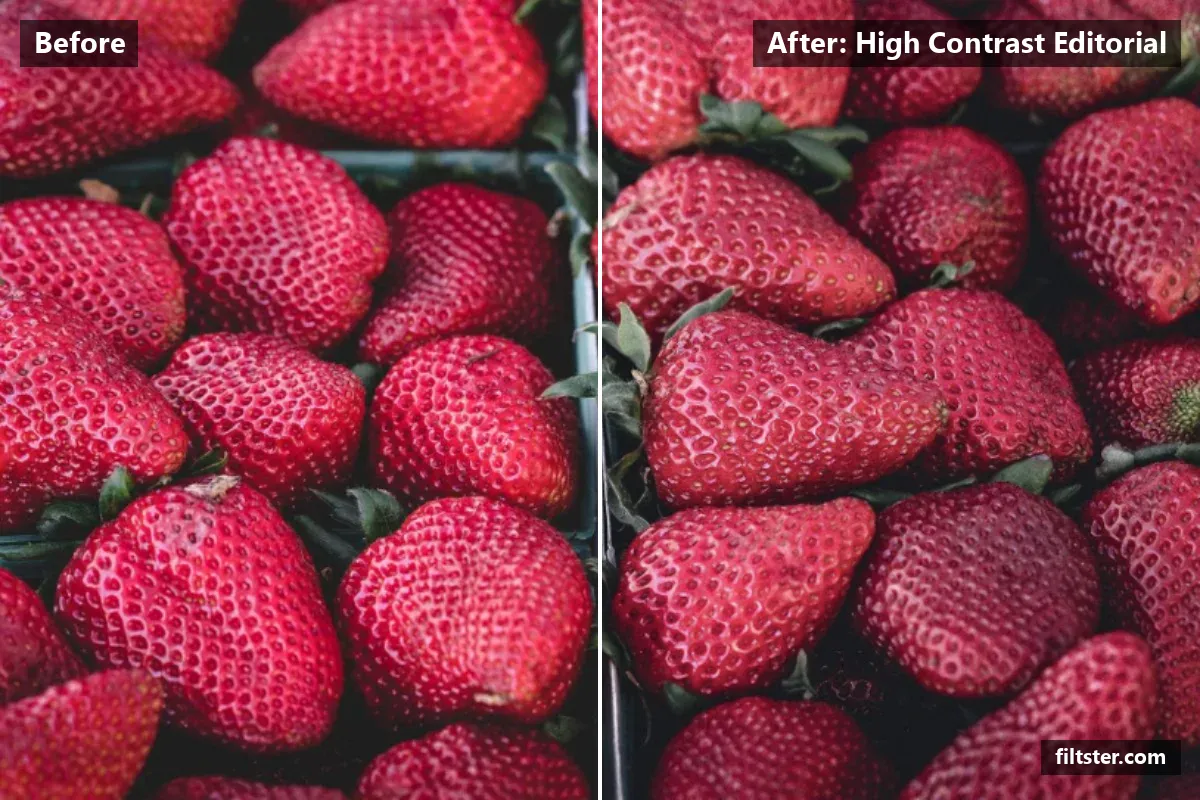 High Contrast Editorial filter before and after. Adds strong contrast, recovers bright highlights, adds a indigo cast to the shadows and adds film grain.