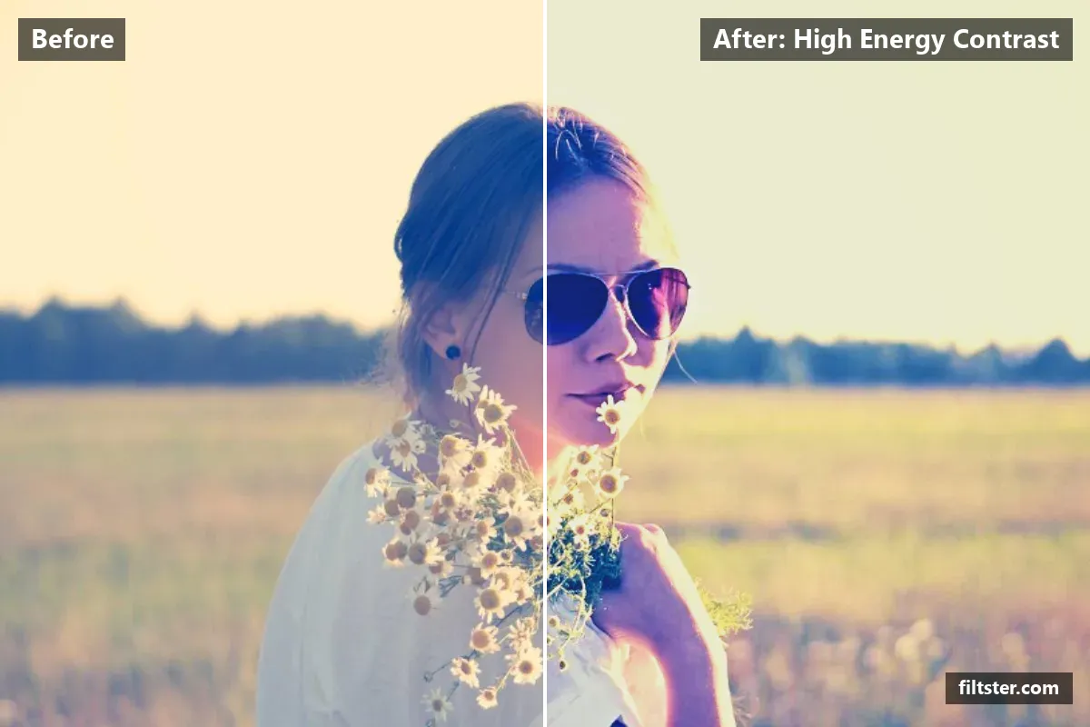 High Energy Contrast filter before and after. Adds strong contrast, recovers bright highlights, lifts the blacks for a faded, matte finish, adds a blue cast to the shadows, sharpens mid-tone detail, cuts through haze and darkens the corners with a vignette.