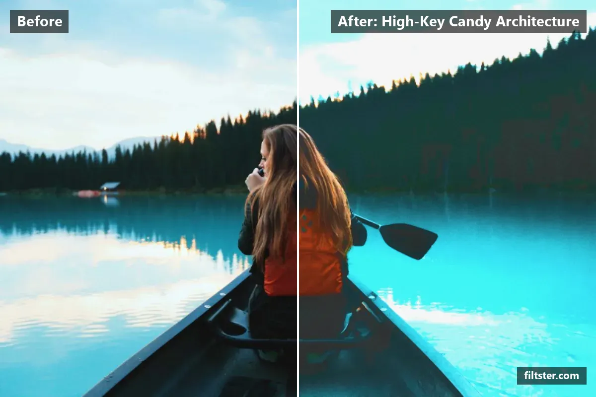 High-Key Candy Architecture filter before and after. Brightens the whole frame, softens contrast, opens up the shadows, recovers bright highlights and lifts the blacks for a faded, matte finish.