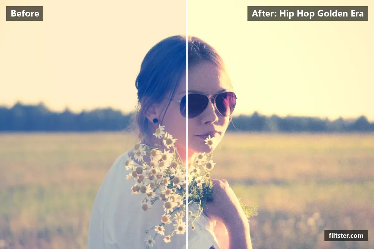Hip Hop Golden Era filter before and after. Adds strong contrast, recovers bright highlights, adds a orange glow to the highlights, adds film grain and darkens the corners with a vignette.