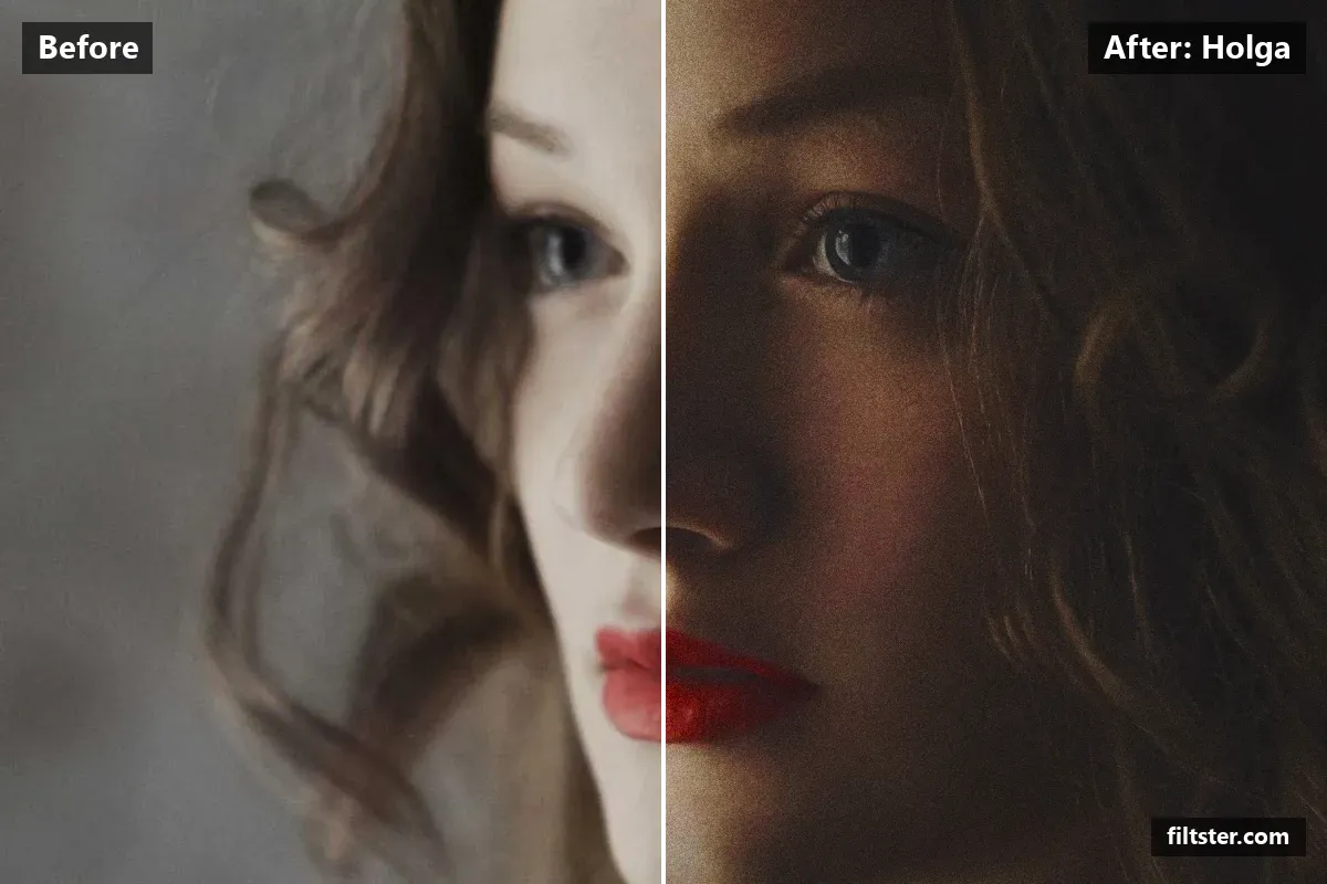 Holga filter before and after. Adds strong contrast, opens up the shadows, recovers bright highlights, lifts the blacks for a faded, matte finish, tints shadows indigo and highlights golden, adds film grain and darkens the corners with a vignette.