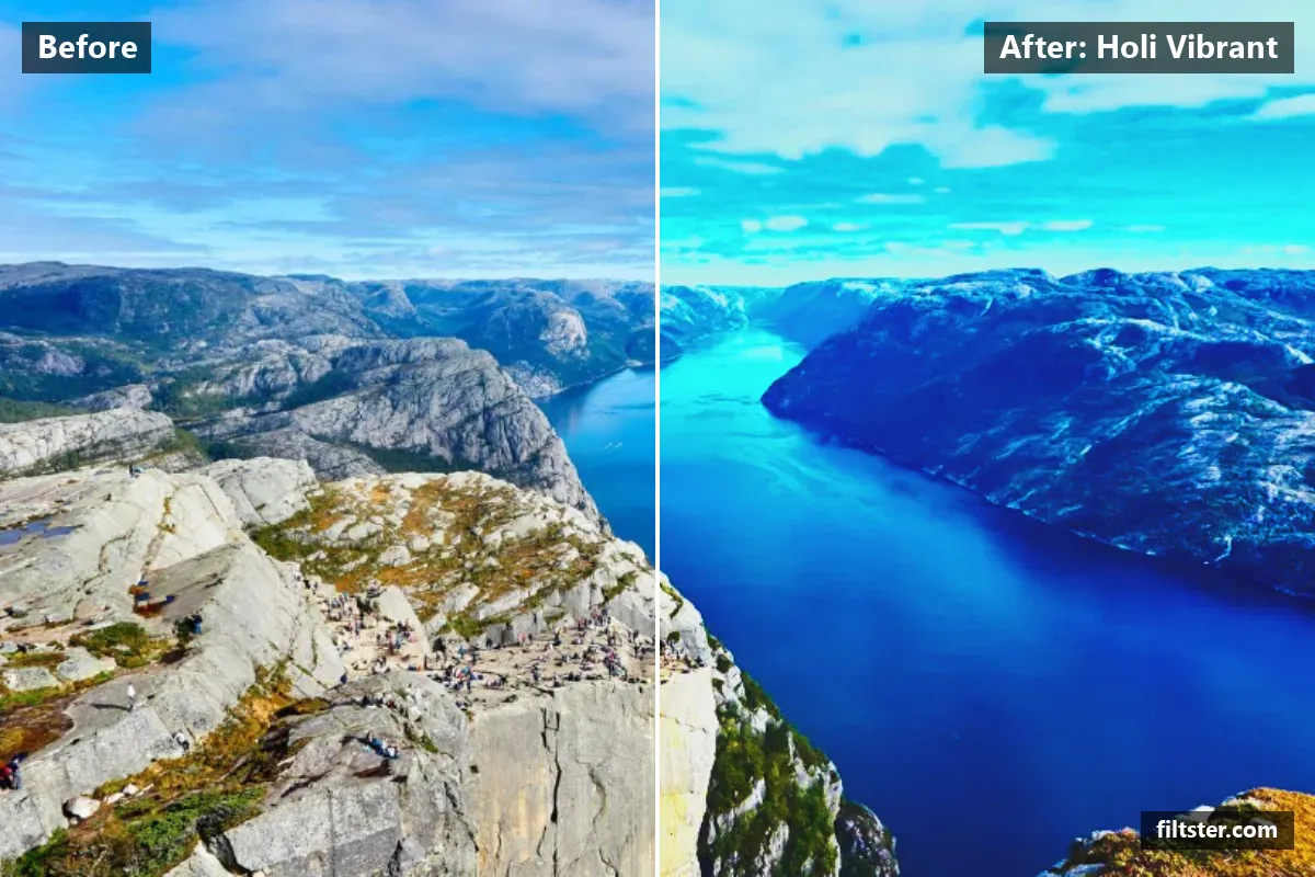 Holi Vibrant filter before and after. Brightens the whole frame, recovers bright highlights, lifts the blacks for a faded, matte finish and makes colours more vivid.