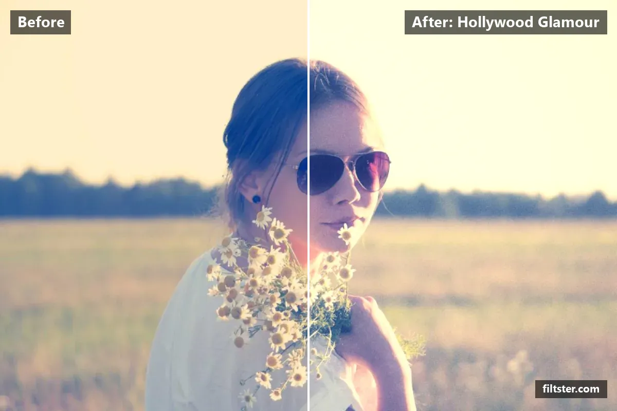 Hollywood Glamour filter before and after. Brightens the whole frame, recovers bright highlights and adds film grain.