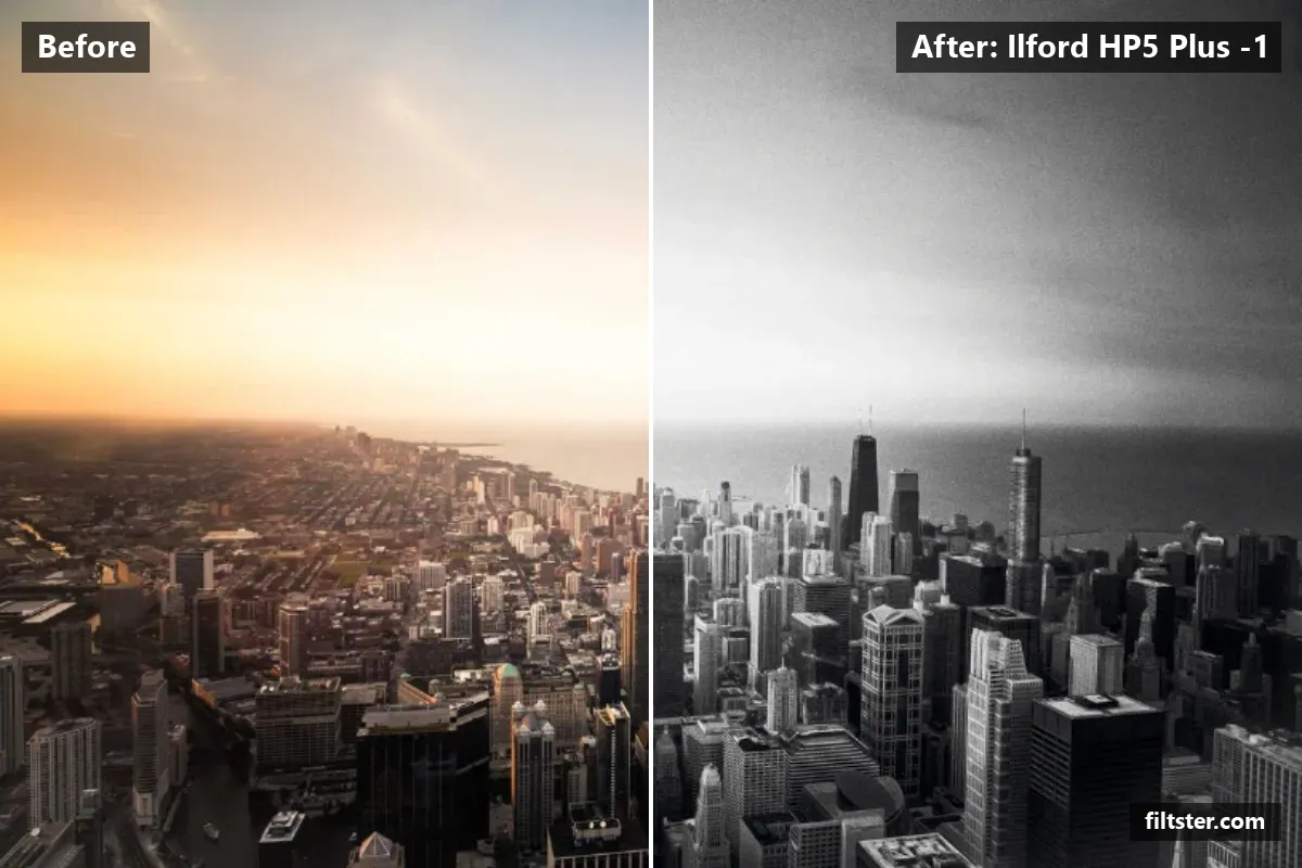Ilford HP5 Plus -1 filter before and after. Turns the picture black and white, opens up the shadows and adds film grain.
