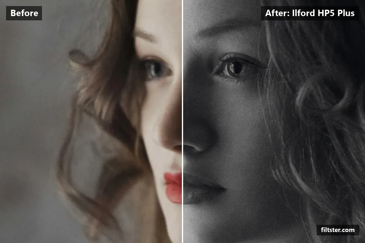Ilford HP5 Plus filter before and after. Turns the picture black and white and adds film grain.