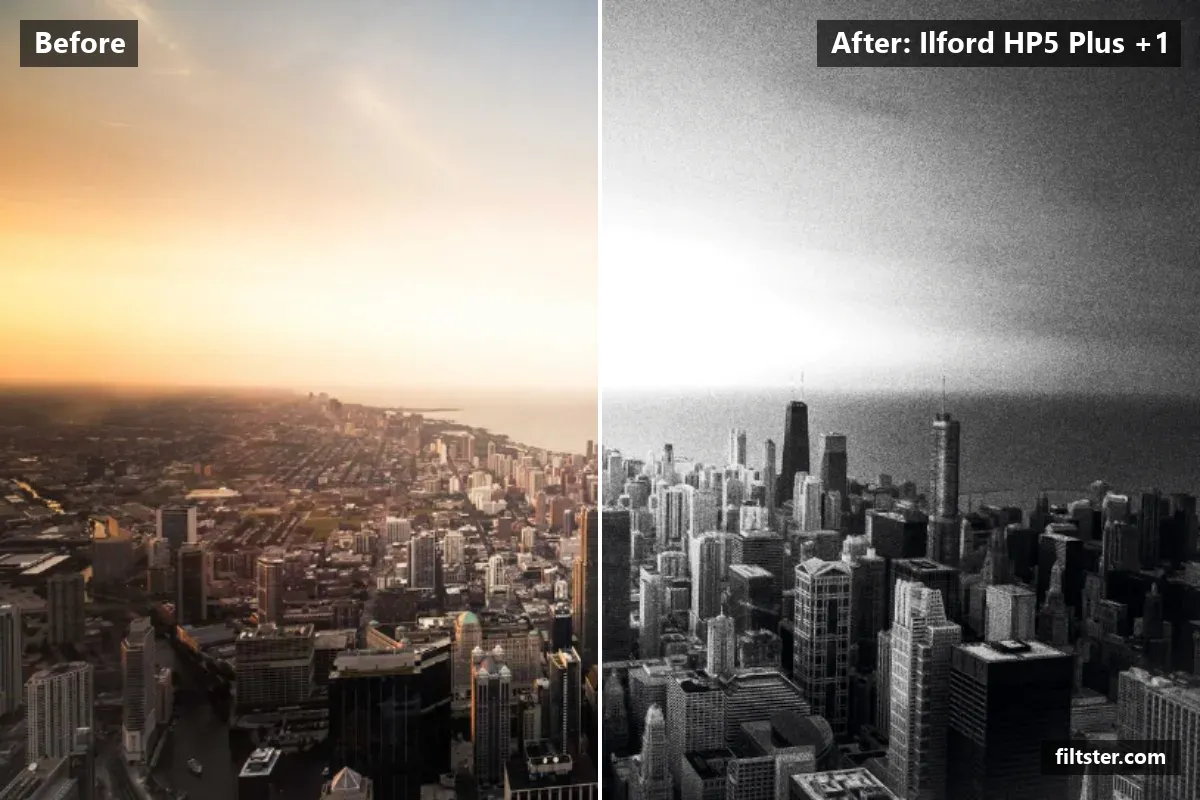 Ilford HP5 Plus +1 filter before and after. Turns the picture black and white and adds film grain.